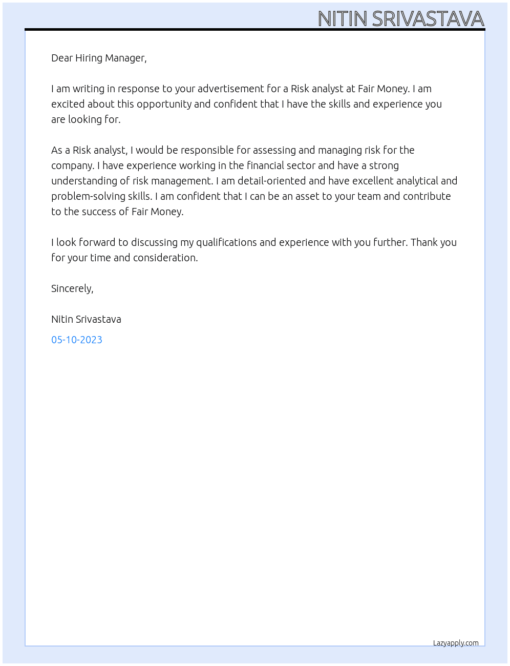 Risk analyst  At Fair Money Cover Letter