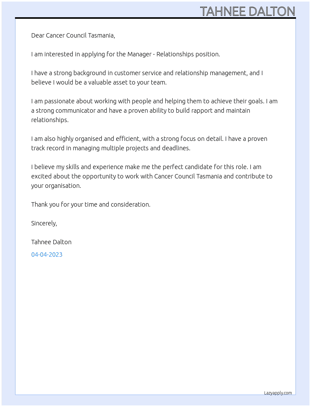 Manager - Relationships At Cancer Council Tasmania Cover Letter
