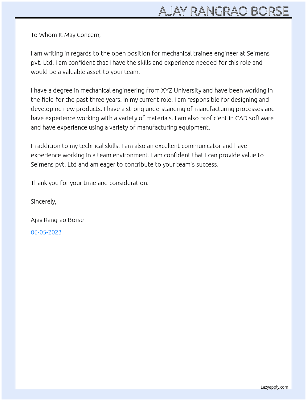 Mechanical trainee engineer  At Seimens pvt. Ltd  Cover Letter
