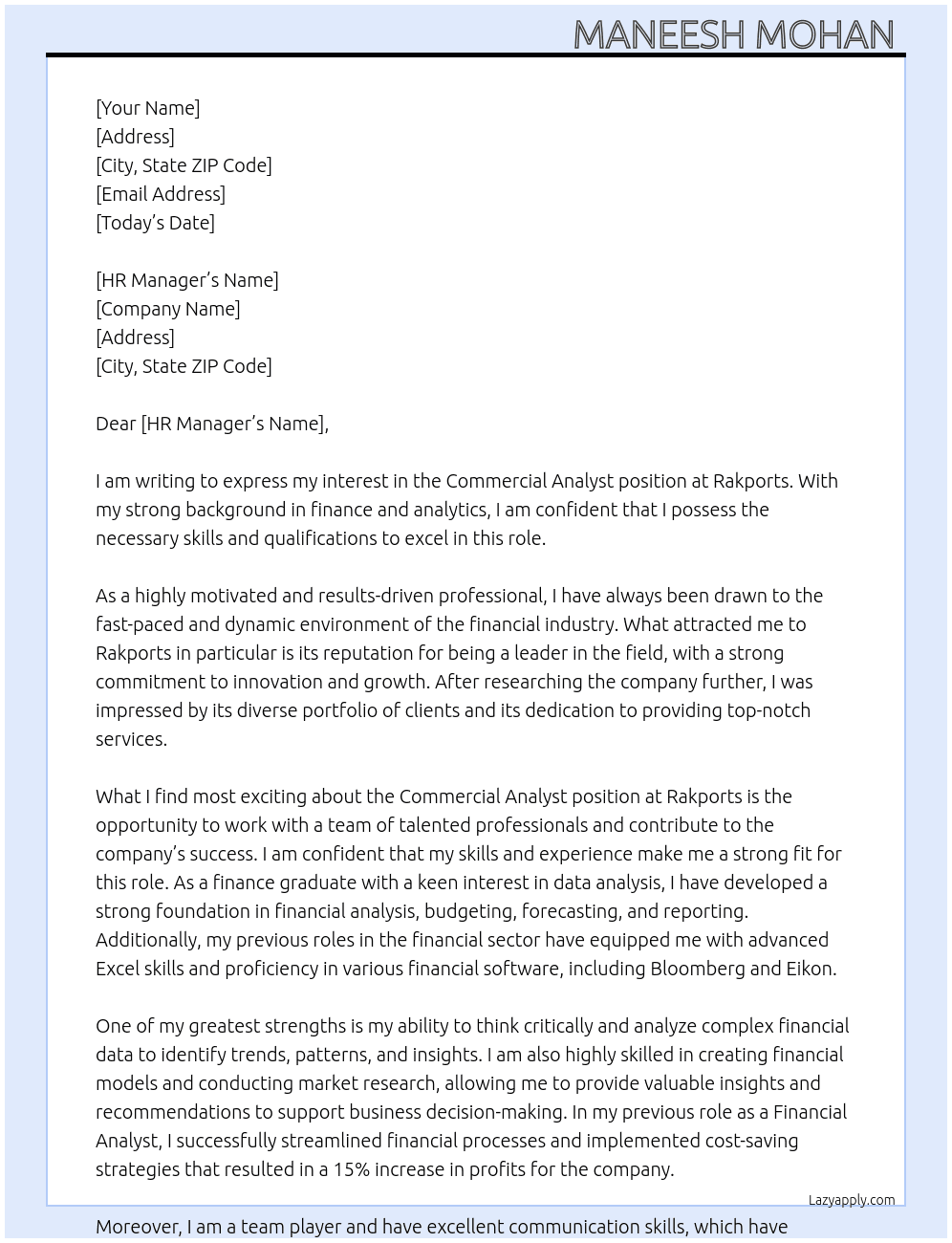 Commercial analyst  At Rakports  Cover Letter