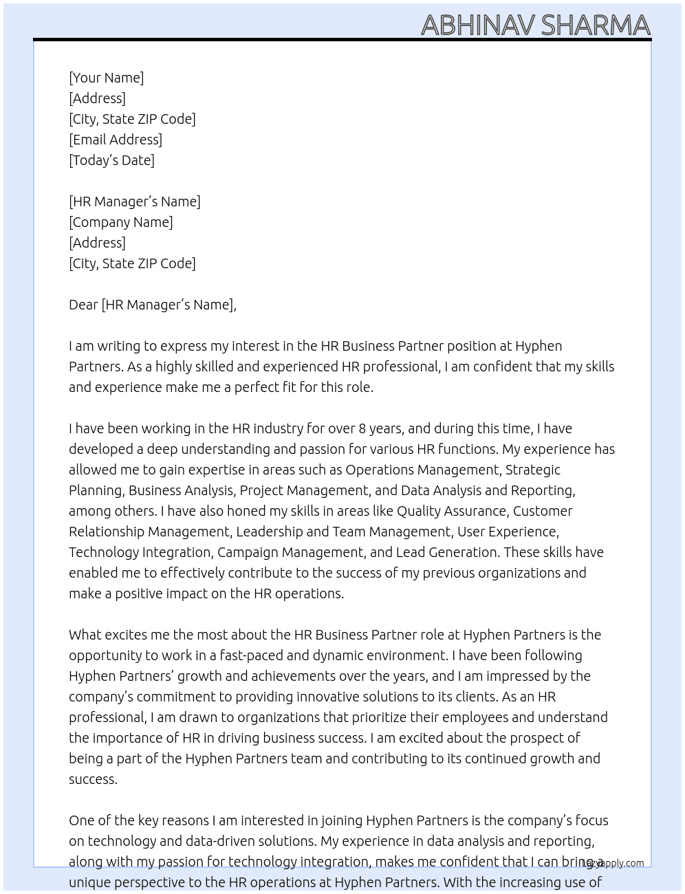 HR Business partner At Hyphen Partners Cover Letter