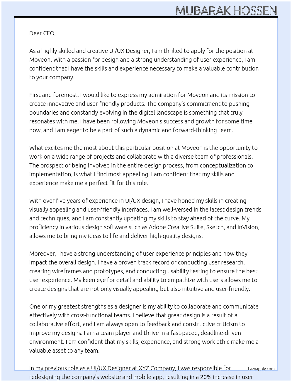 UI/UX Designer At moveon Cover Letter
