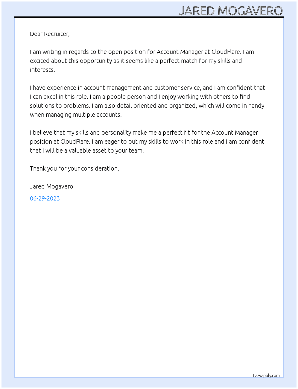 Account Manager At CloudFlare Cover Letter