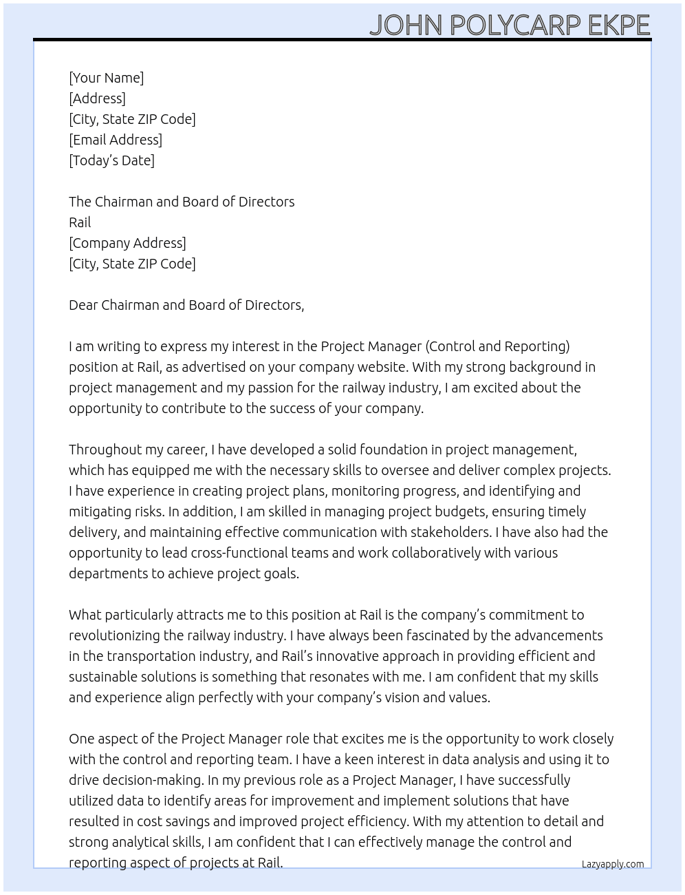 Project Manager(Control and Reporting) At Rail  Cover Letter