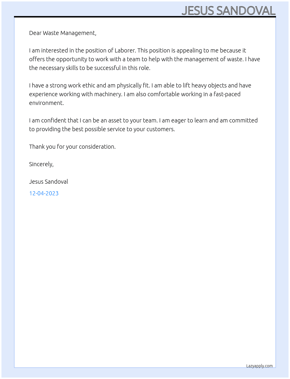 Laborer At Waste Management Cover Letter