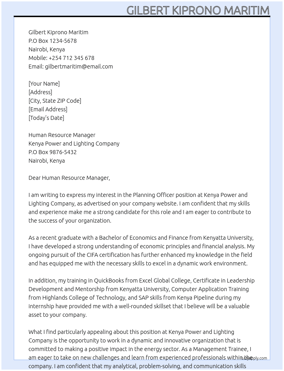 PLANNING OFFICERS-Job Ref:HR;KP1/5B.2/1/3/1597 At Kenya Power & Lighting Company Cover Letter