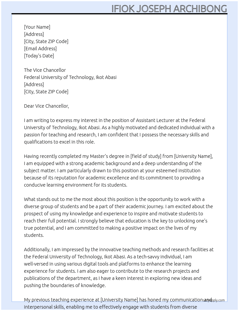Assistant lecturer  At Federal University of technology, ikot abasi Cover Letter