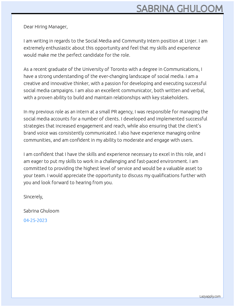 Social Media and Community Intern At Linjer Cover Letter