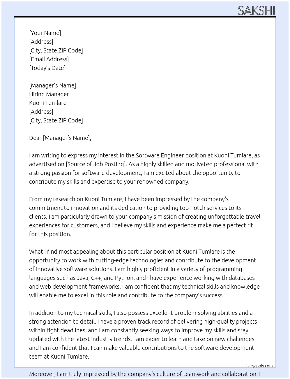 Software Engineer At Kuoni Tumlare Cover Letter
