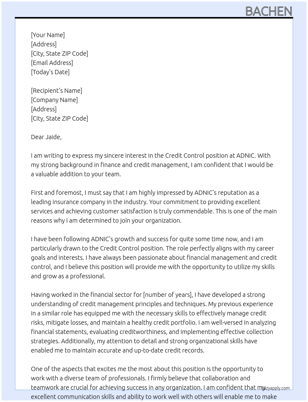 credit control At ADNIC Cover Letter