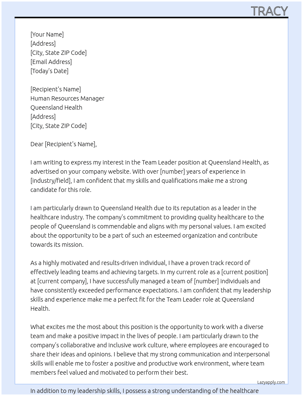 Team Leader At Queensland Health  Cover Letter