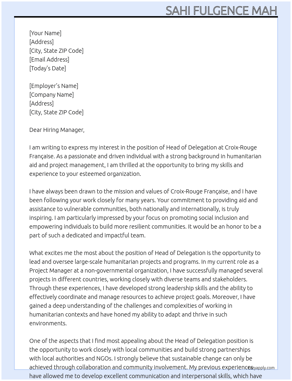 Head of Delegation At CROIX-ROUGE FRANÇAISE Cover Letter