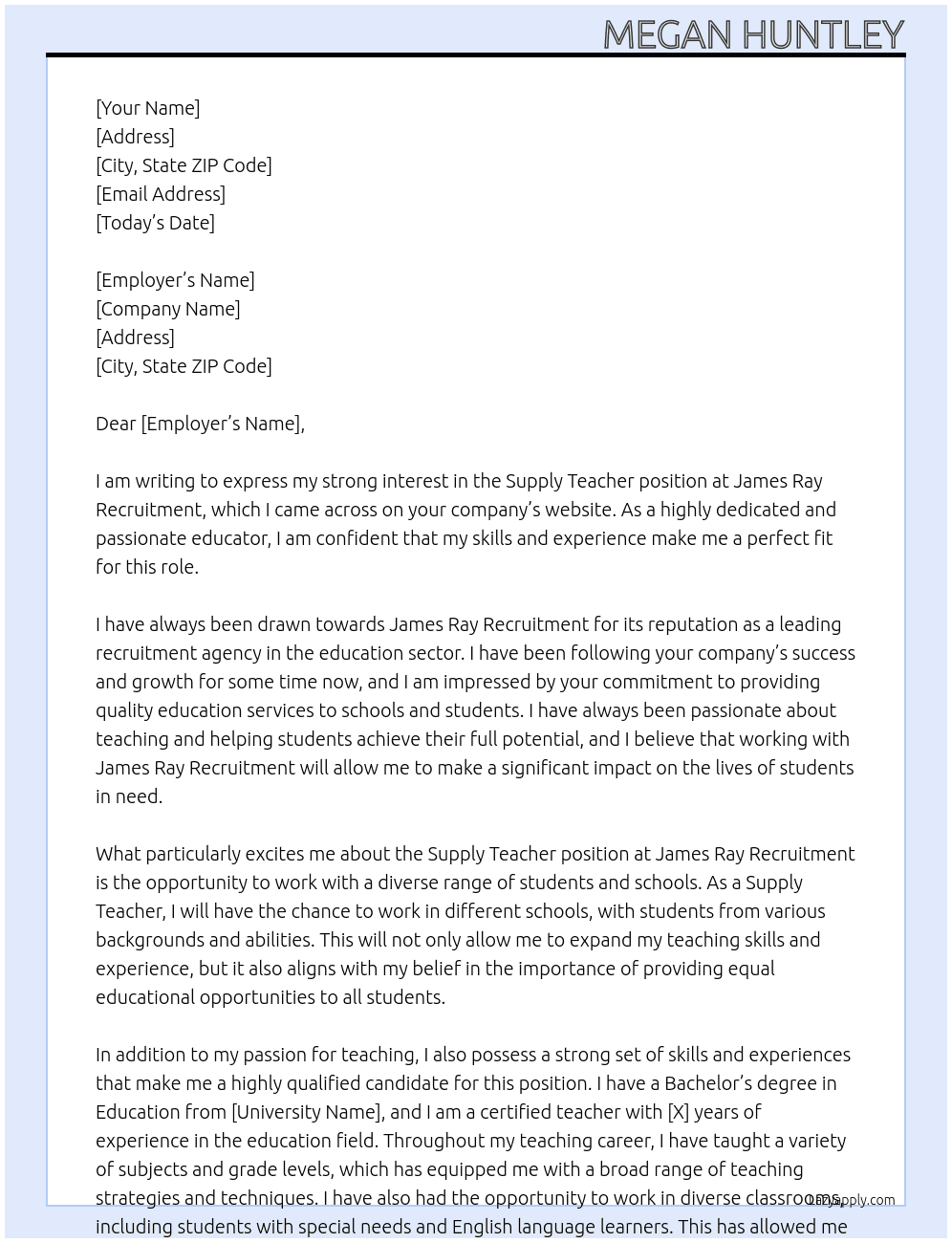 Supply teacher At James Ray Recruitment Cover Letter