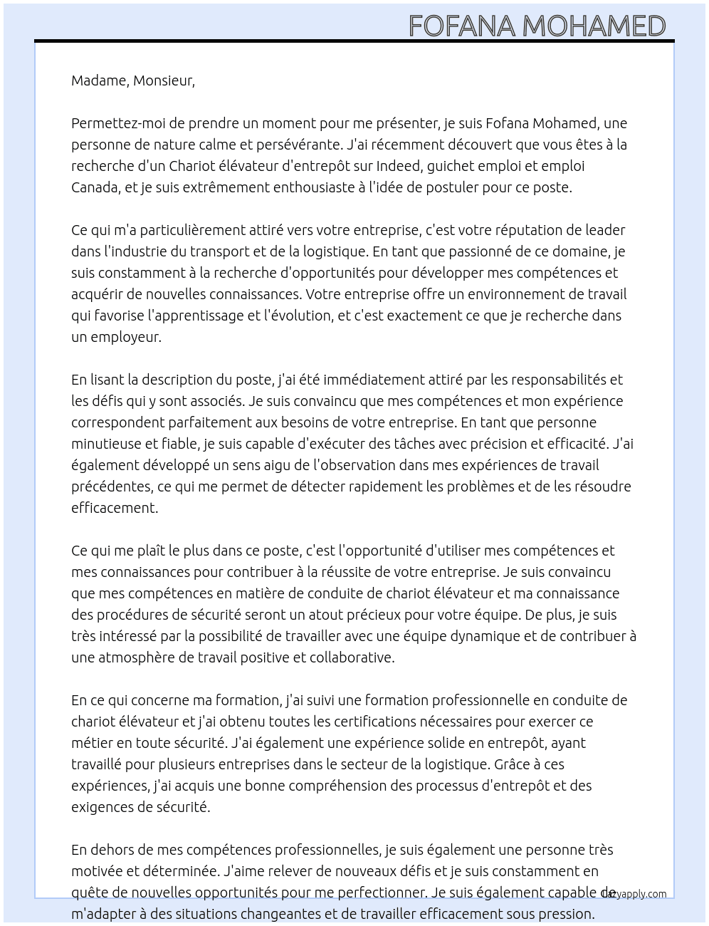 Chariot élévateur d'entrepôt  At Indeed, guichet emploi, emploi canada Cover Letter