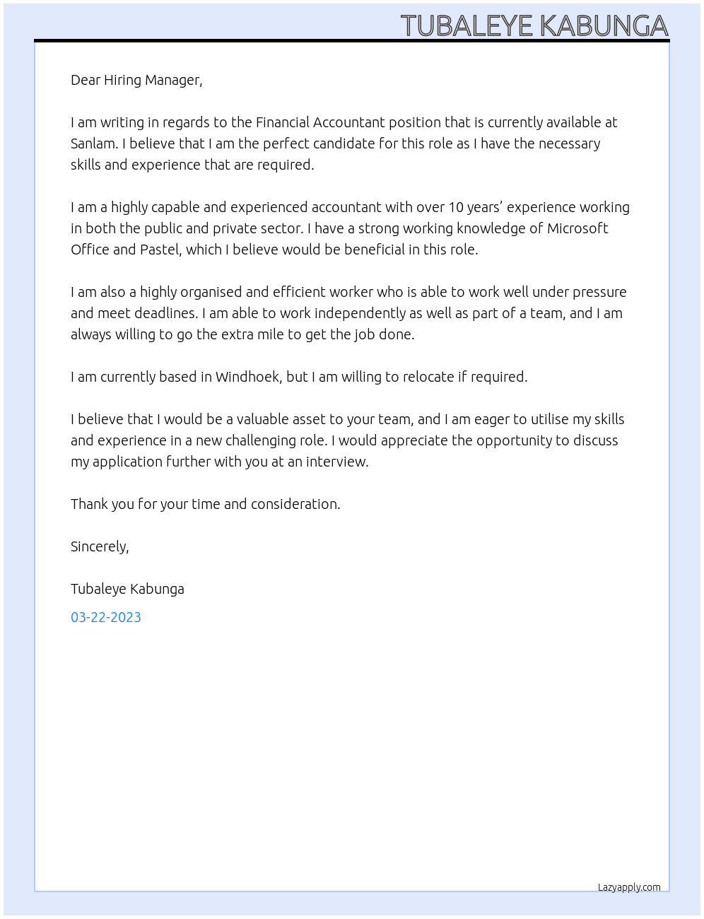 Financial Accountant At Sanlam Cover Letter