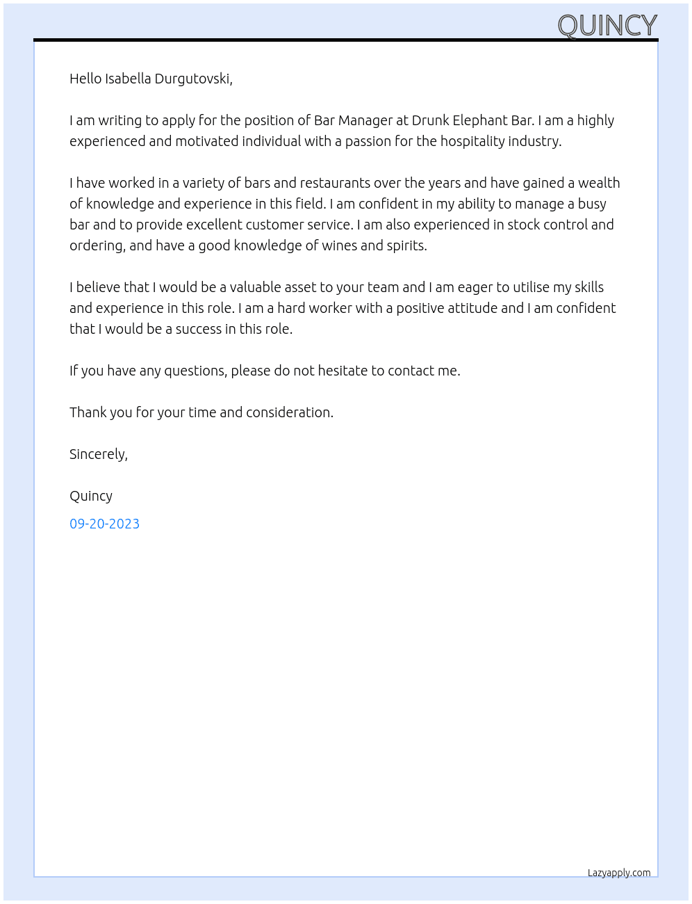 Bar Manager At Drunk Elephant Bar Cover Letter