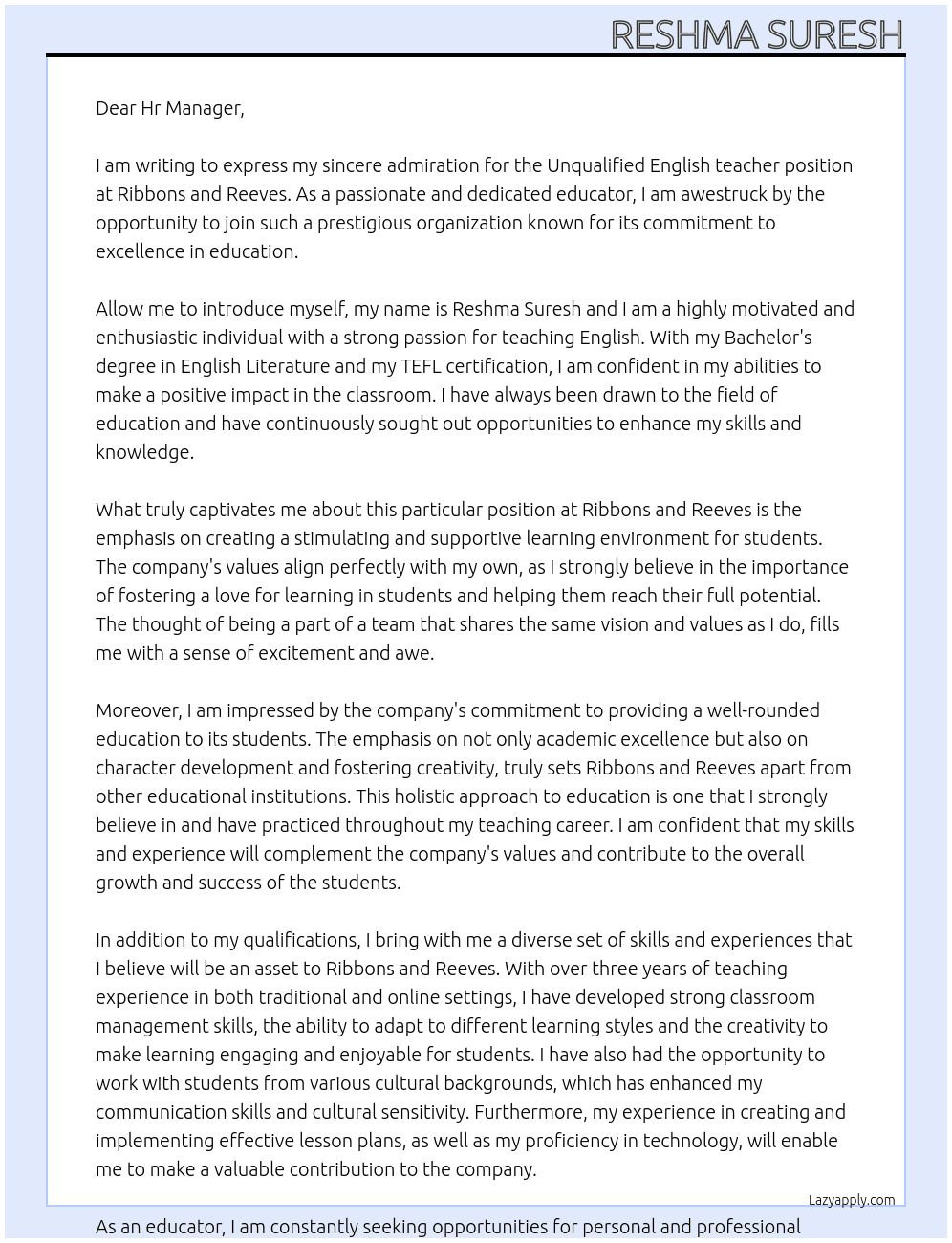 Unqualified English teacher At Ribbons and Reeves  Cover Letter