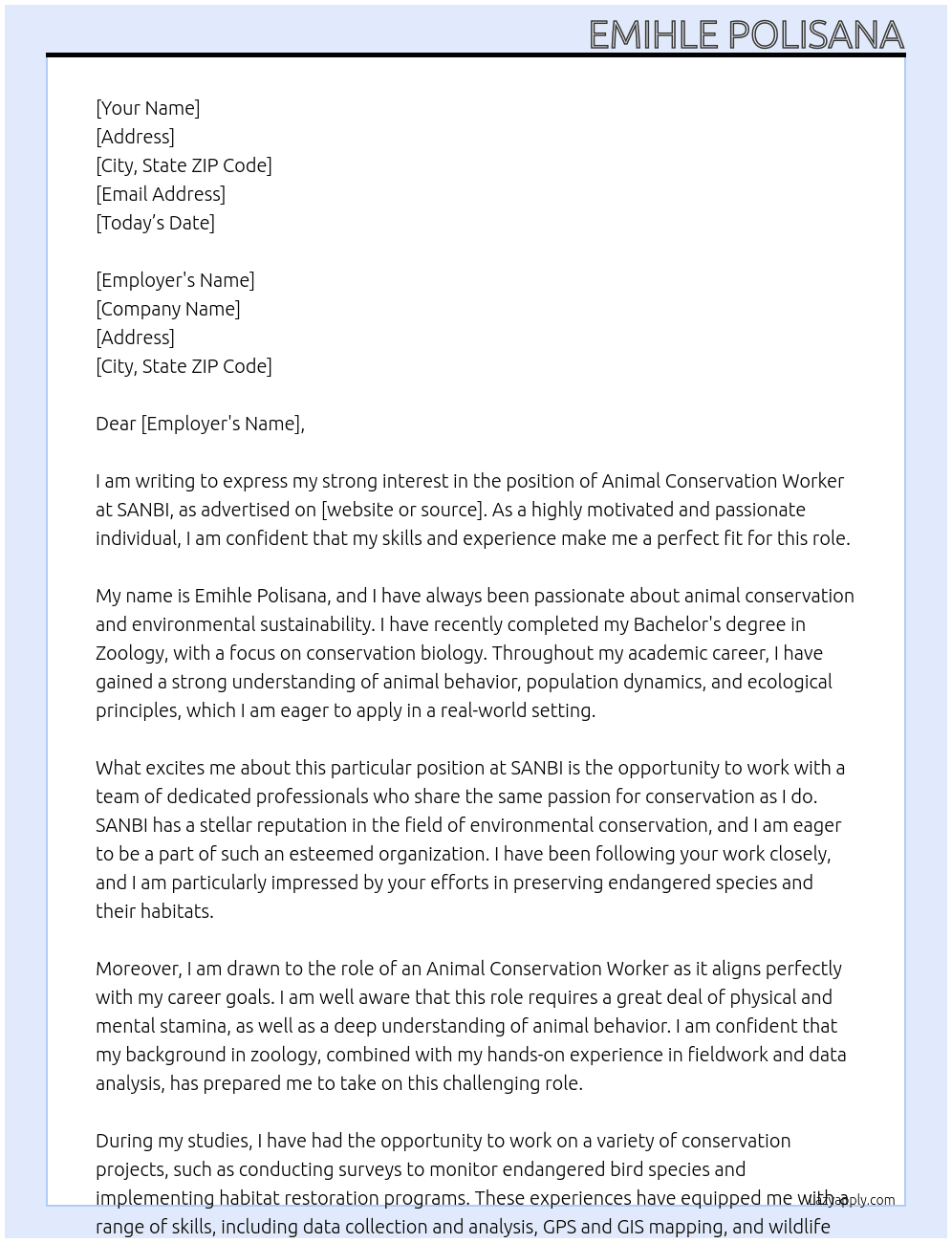 Animal Conservation Worker At SANBI Cover Letter