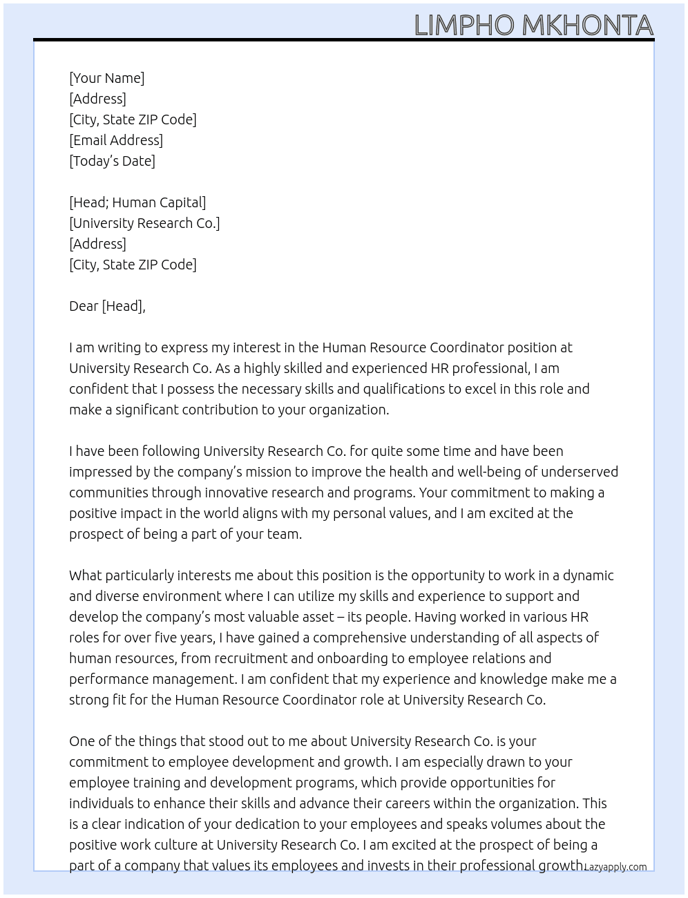 Human Resource Coordinator At University Research Co, Cover Letter