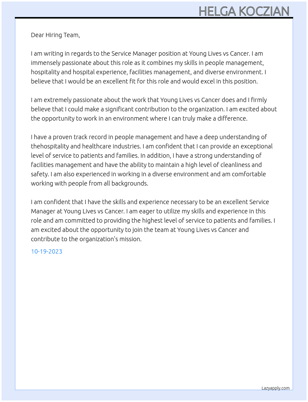 Service manager  At At Young Lives vs Cancer Cover Letter
