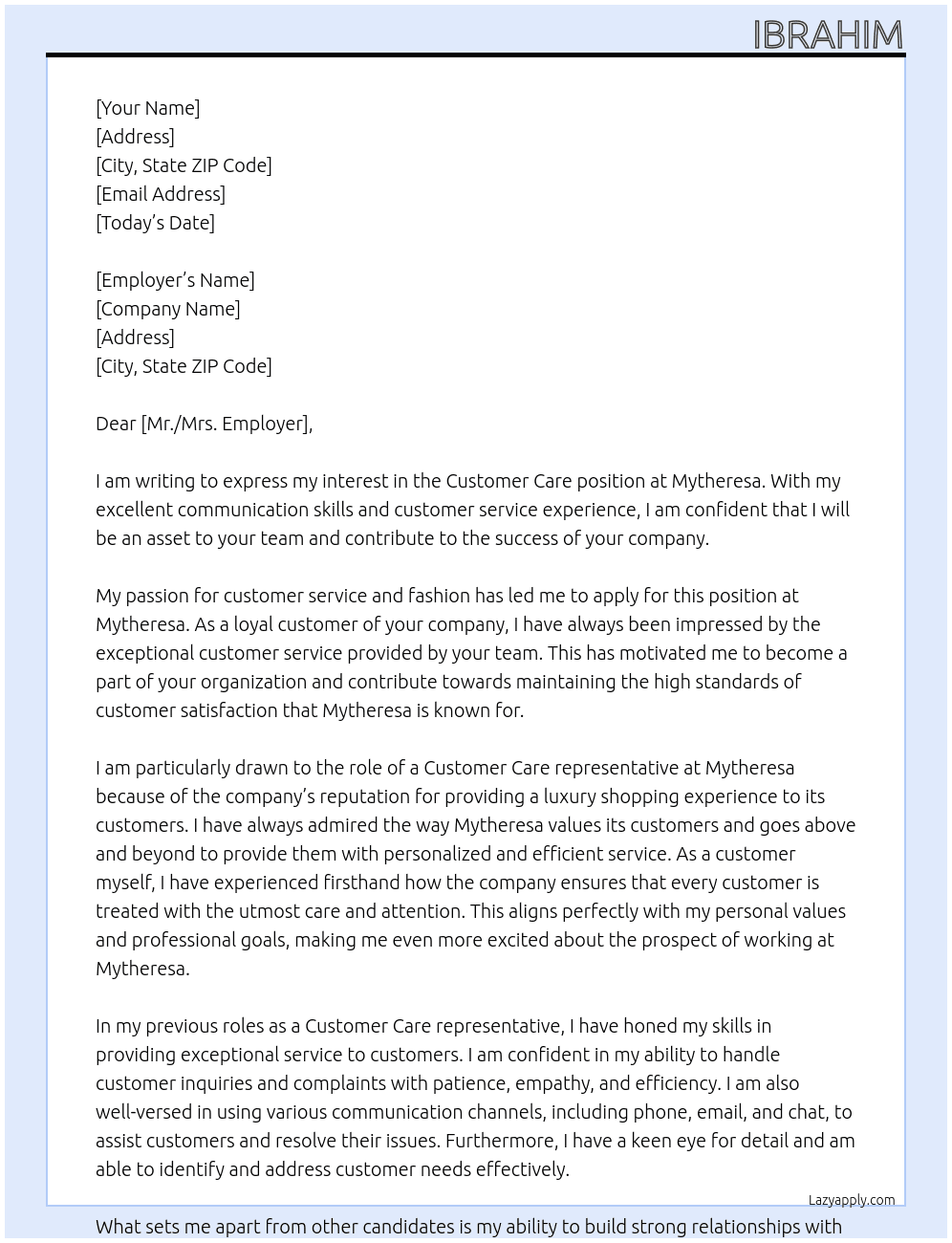 Customer care At Mytheresa Cover Letter