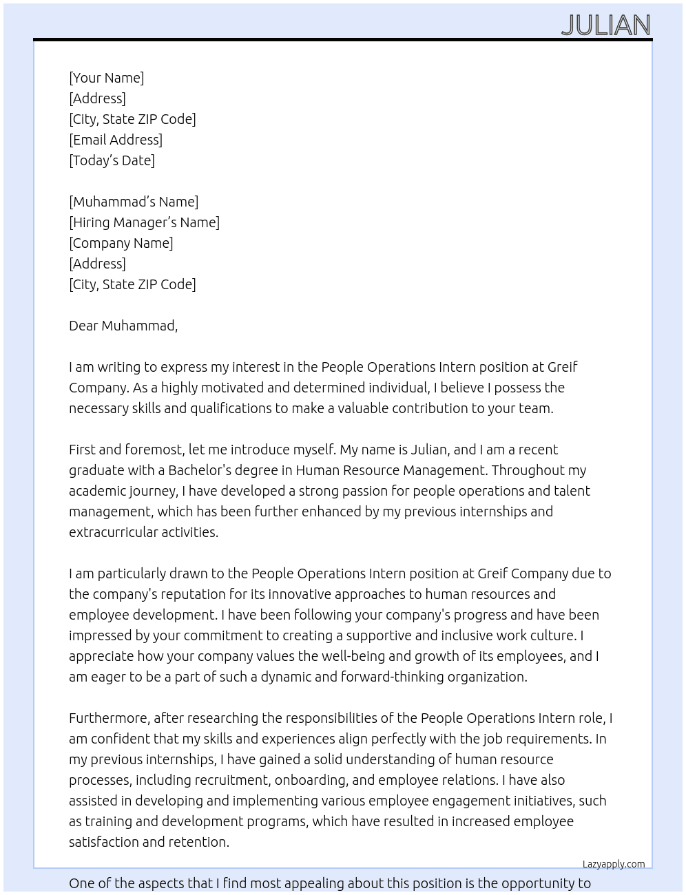 People operations Intern At Greif compnay Cover Letter