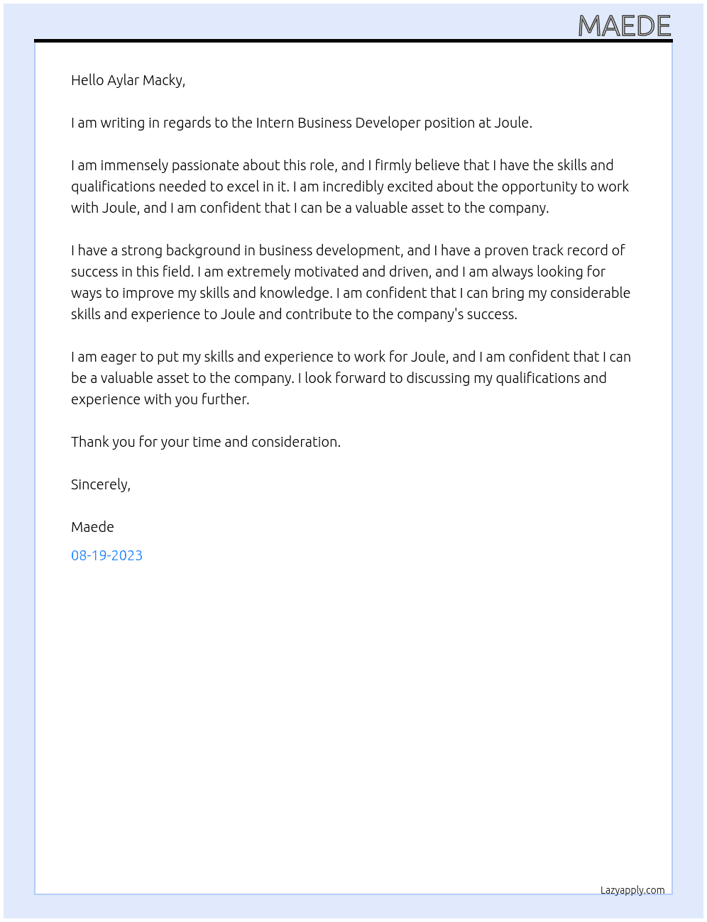 Intern Business Developer At Joule Cover Letter