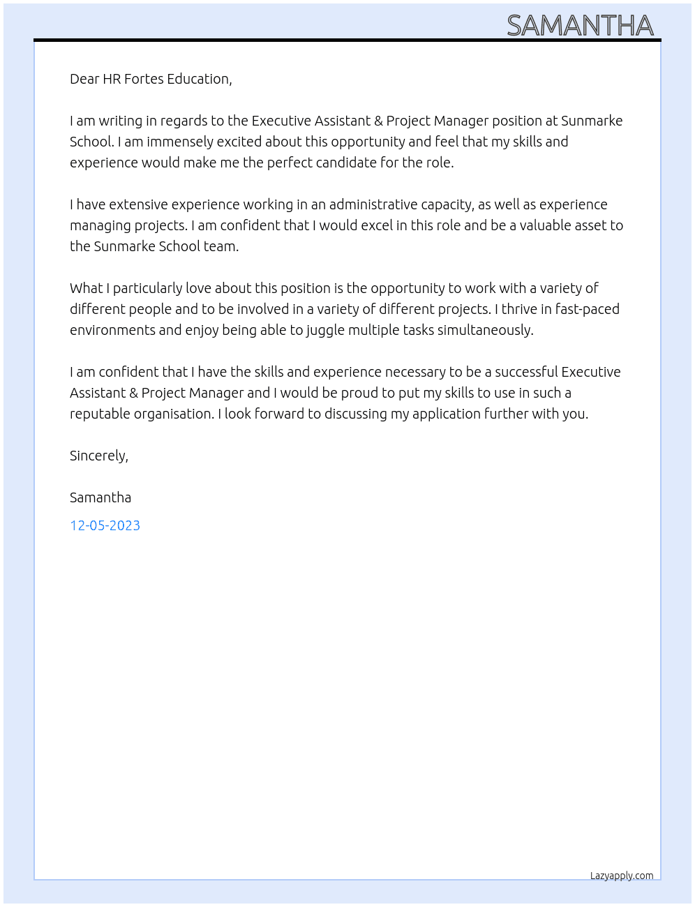 Executive Assistant & Project Manager At Sunmarke School Cover Letter