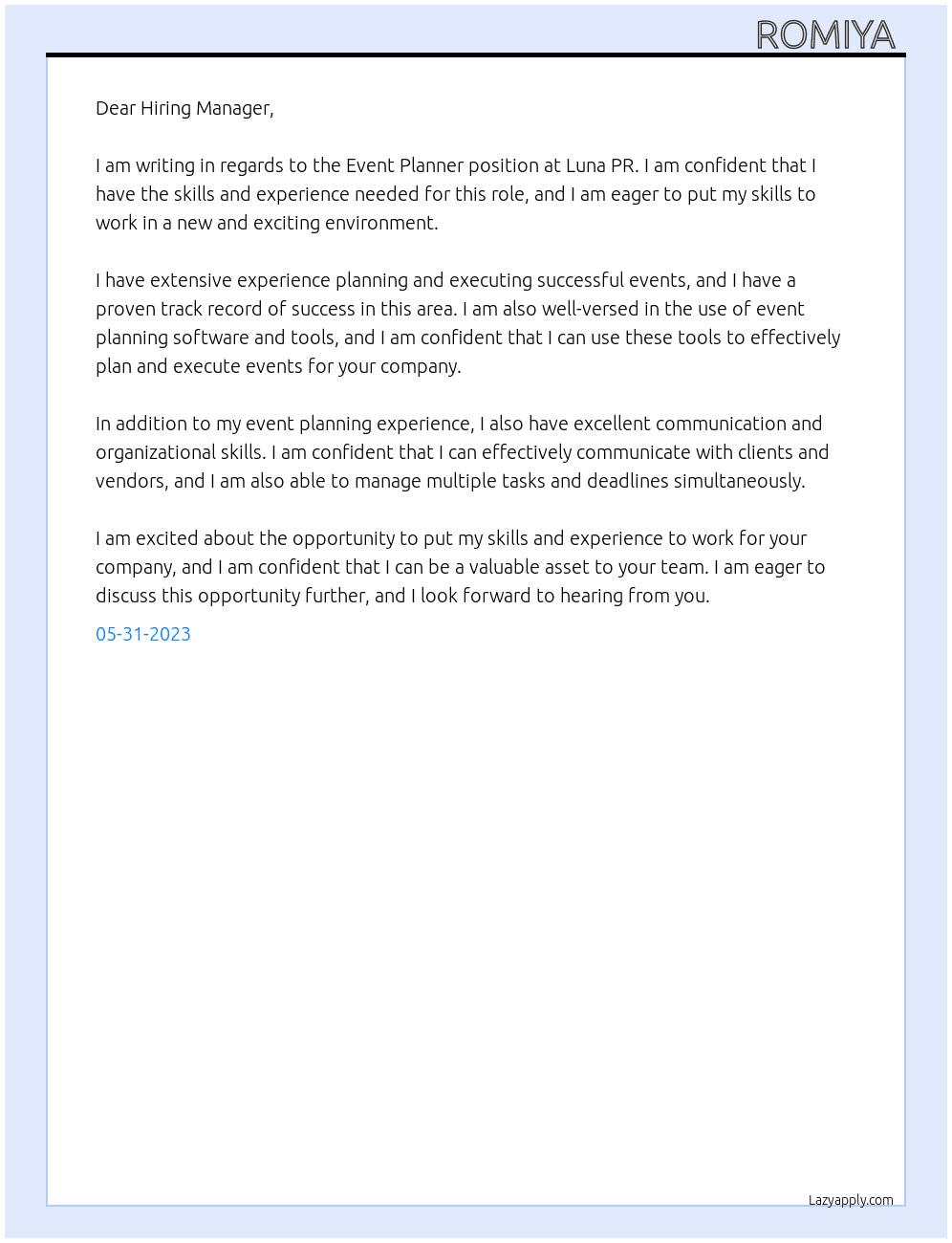 evnet planner  At Luna PR Cover Letter