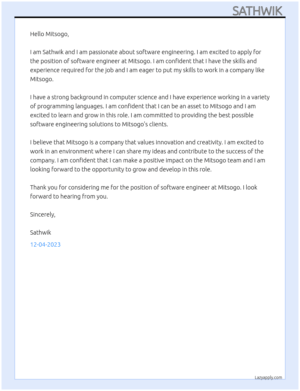 Software engineer  At Mitsogo Cover Letter