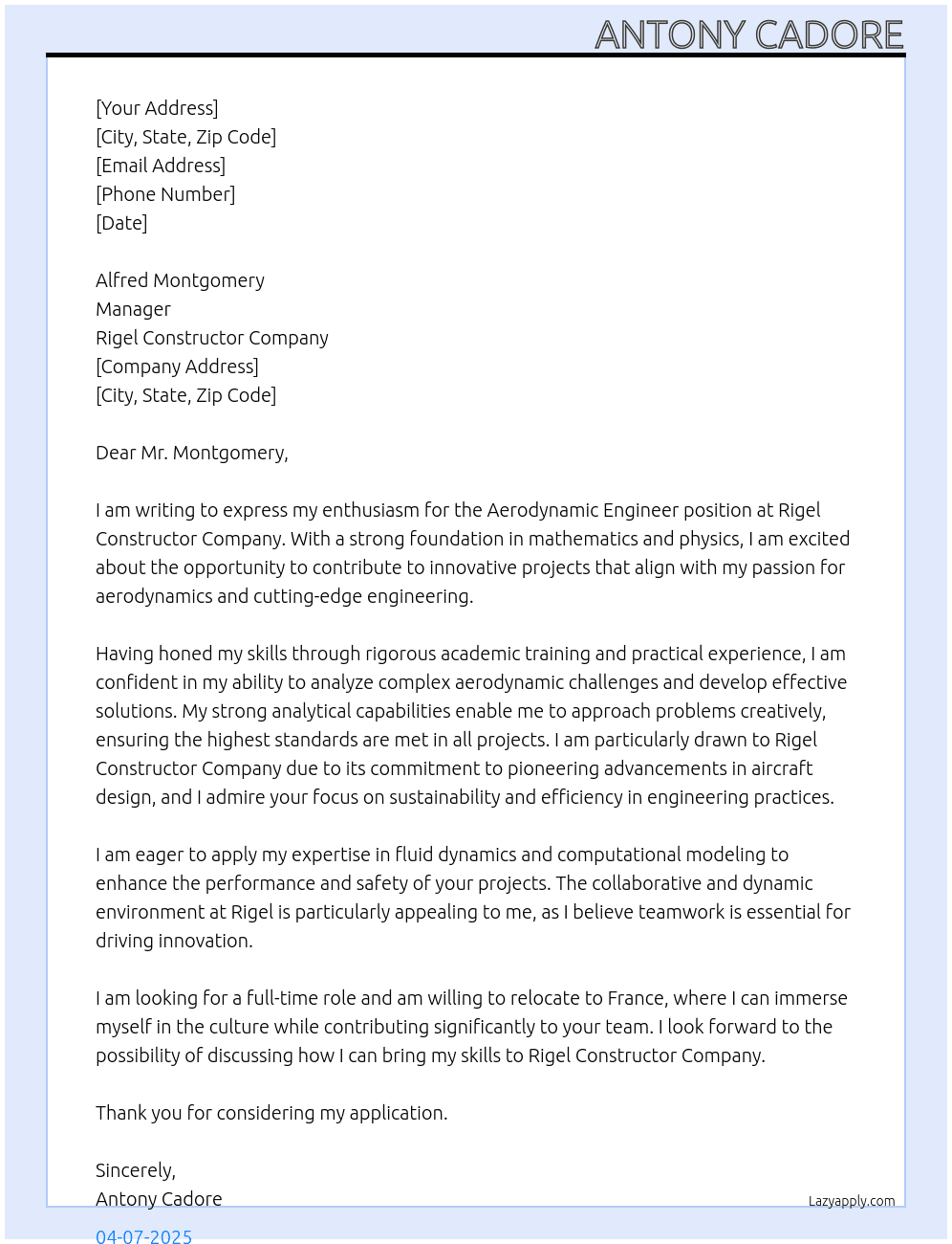 Cover letter for aerodyamic ingineer - LazyApply