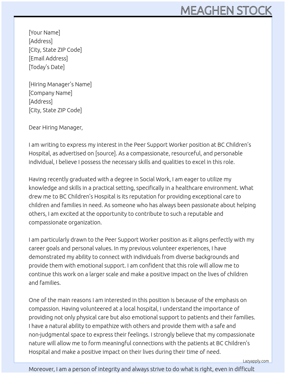Peer Support Workee At BC Children Hospital  Cover Letter