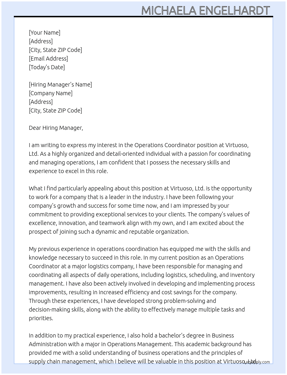 Operations Coordinator  At Virtuoso, Ltd.  Cover Letter