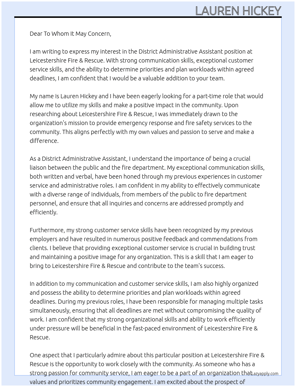 District Administrative Assistant At Leicestershire Fire & Rescue Cover Letter