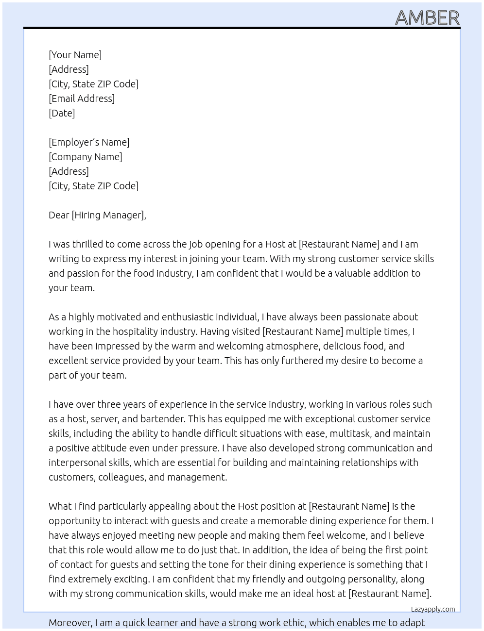 Host At resturaunt Cover Letter