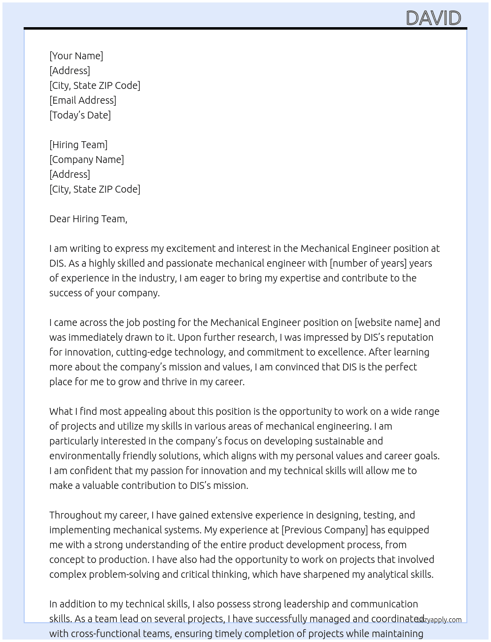 Mechanical engineer At DIS Cover Letter