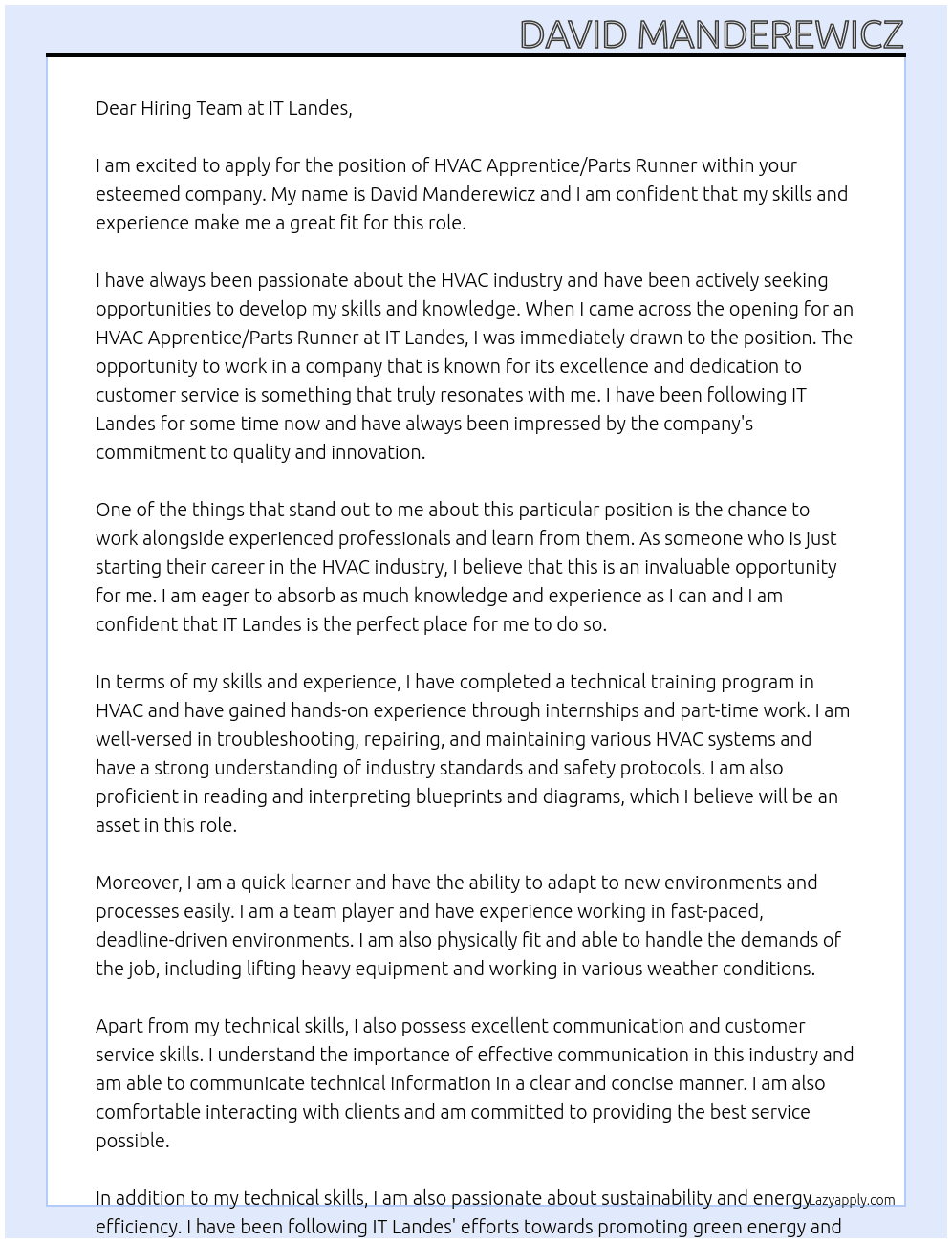HVAC Apprentice/Parts Runner At IT Landes Cover Letter