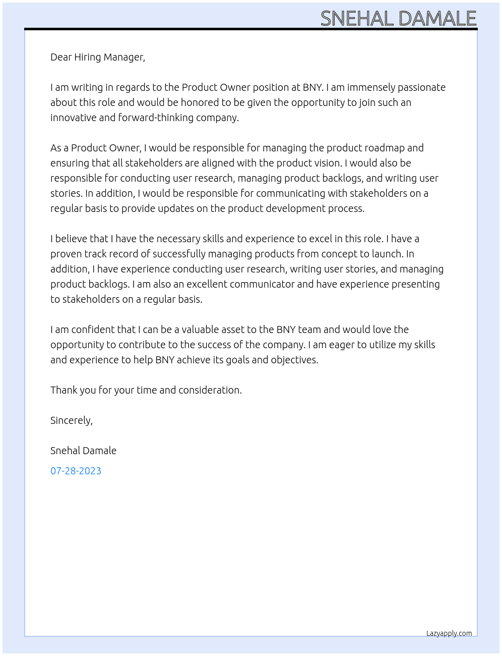 Product Owner At BNY Cover Letter