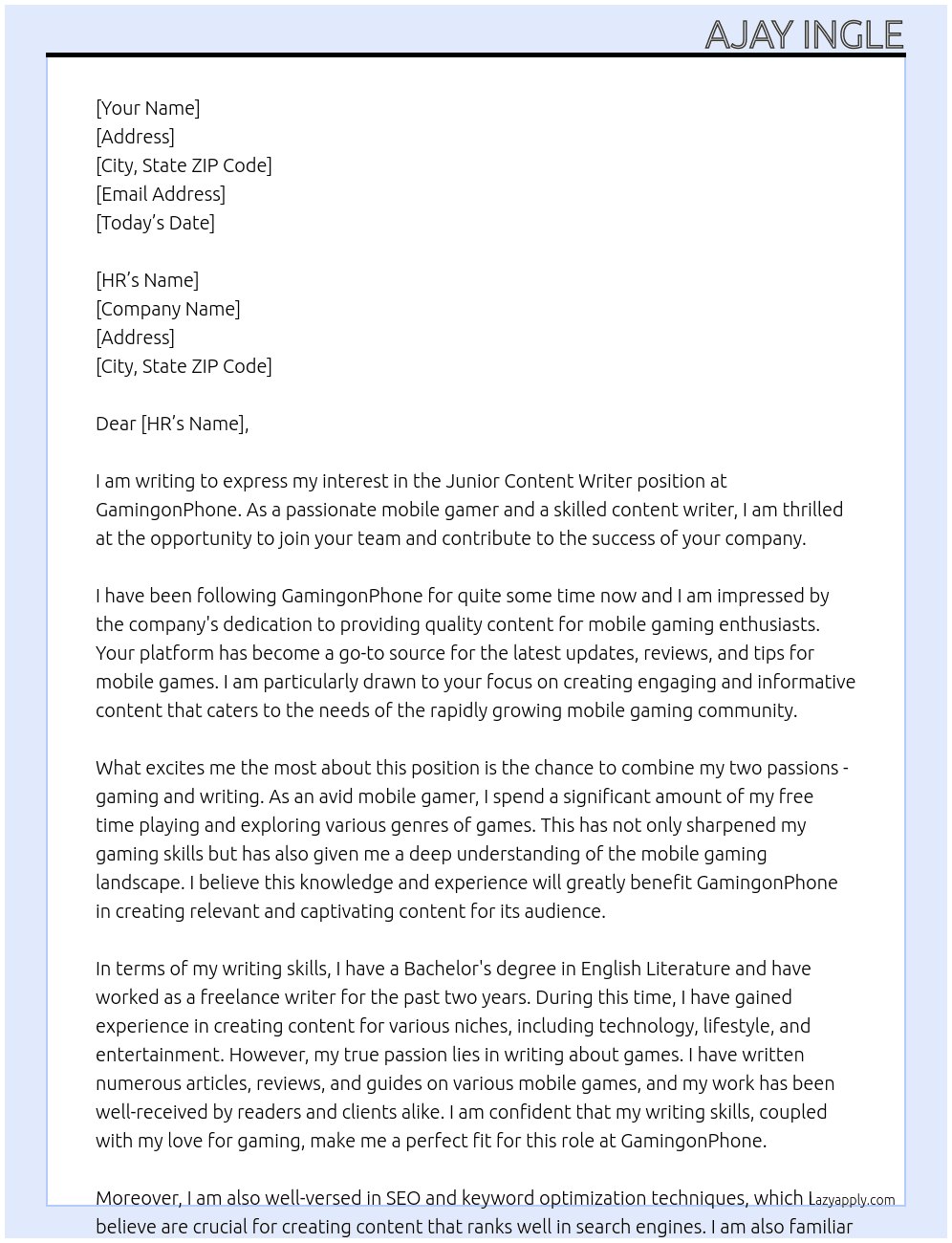 Junior content writer (mobile game) At GamingonPhone Cover Letter