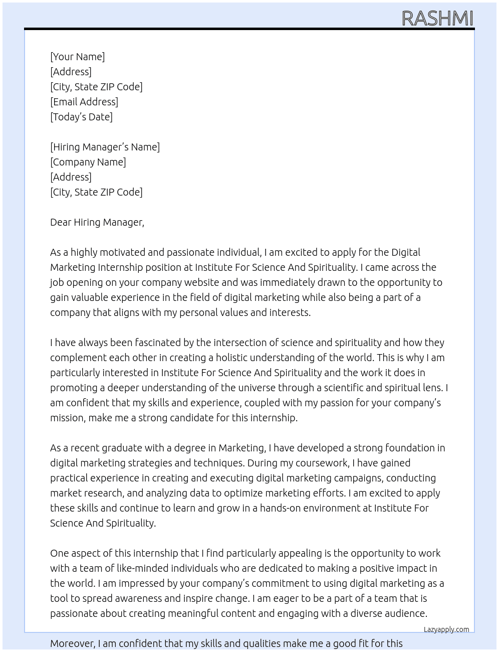 Digital Marketing internship At Institute For Science And Spirituality Cover Letter