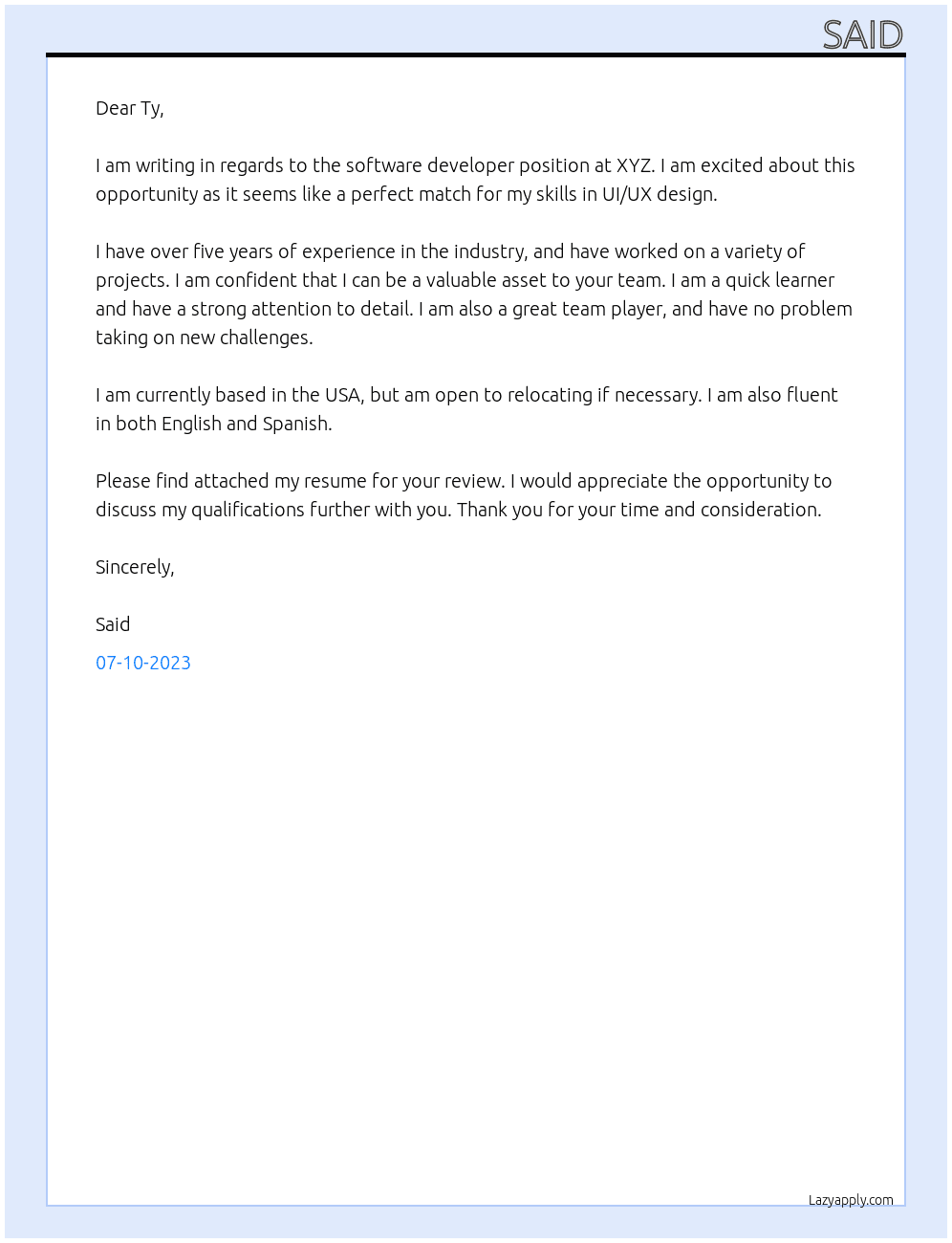 Software developers  At Xyz Cover Letter