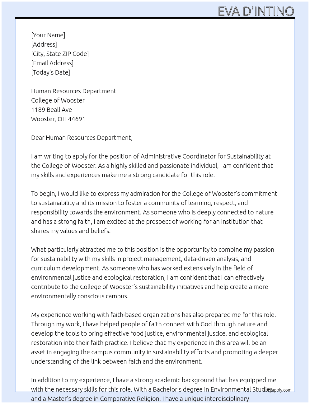 Administrative Coordinator for Sustainability At College of Wooster Cover Letter