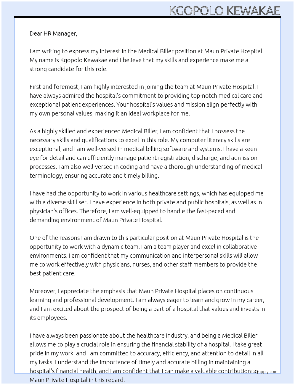 MEDICAL BILLER At MAUN PRIVATE HOSPITAL Cover Letter