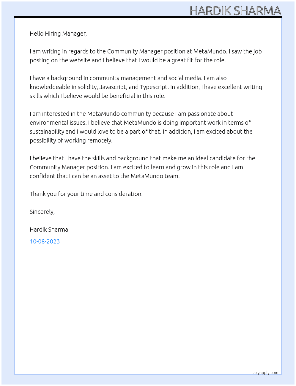 Community Manager At MetaMundo Cover Letter