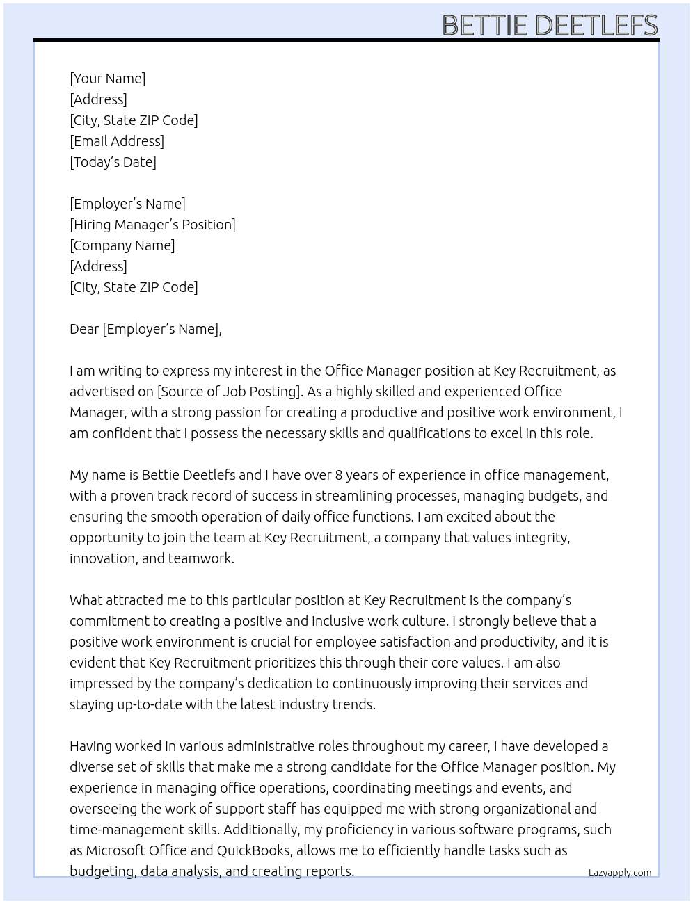 Office Manager At Key Recruitment Cover Letter