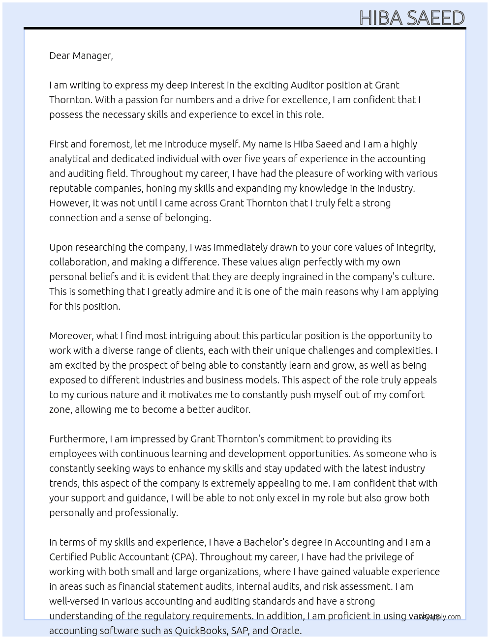 Auditor At Grant Thornton Cover Letter
