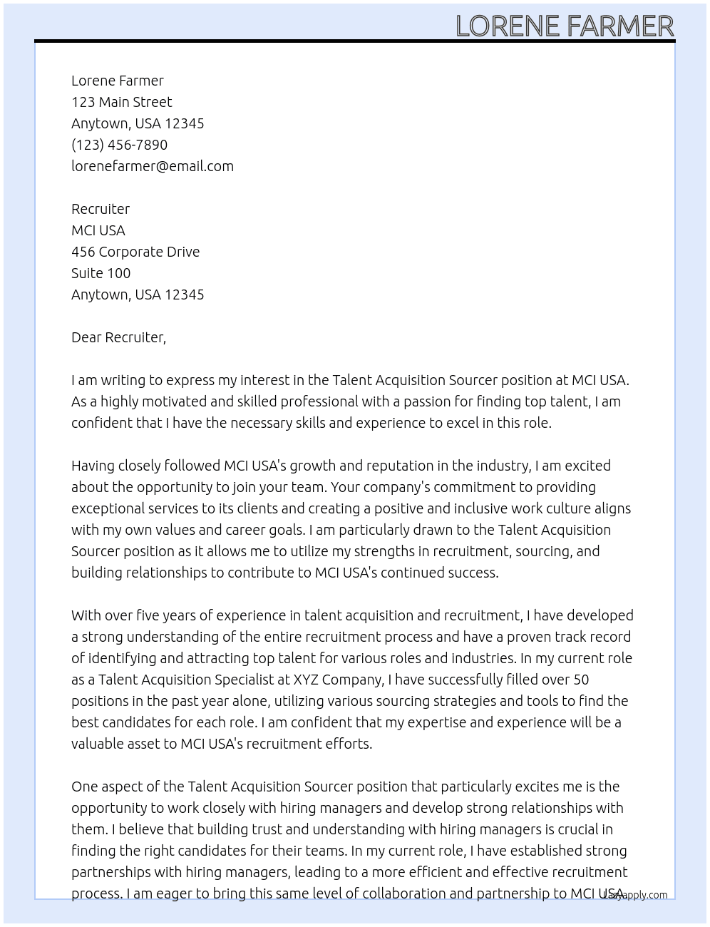 Talent Acquisition Sourcer At MCI USA Cover Letter