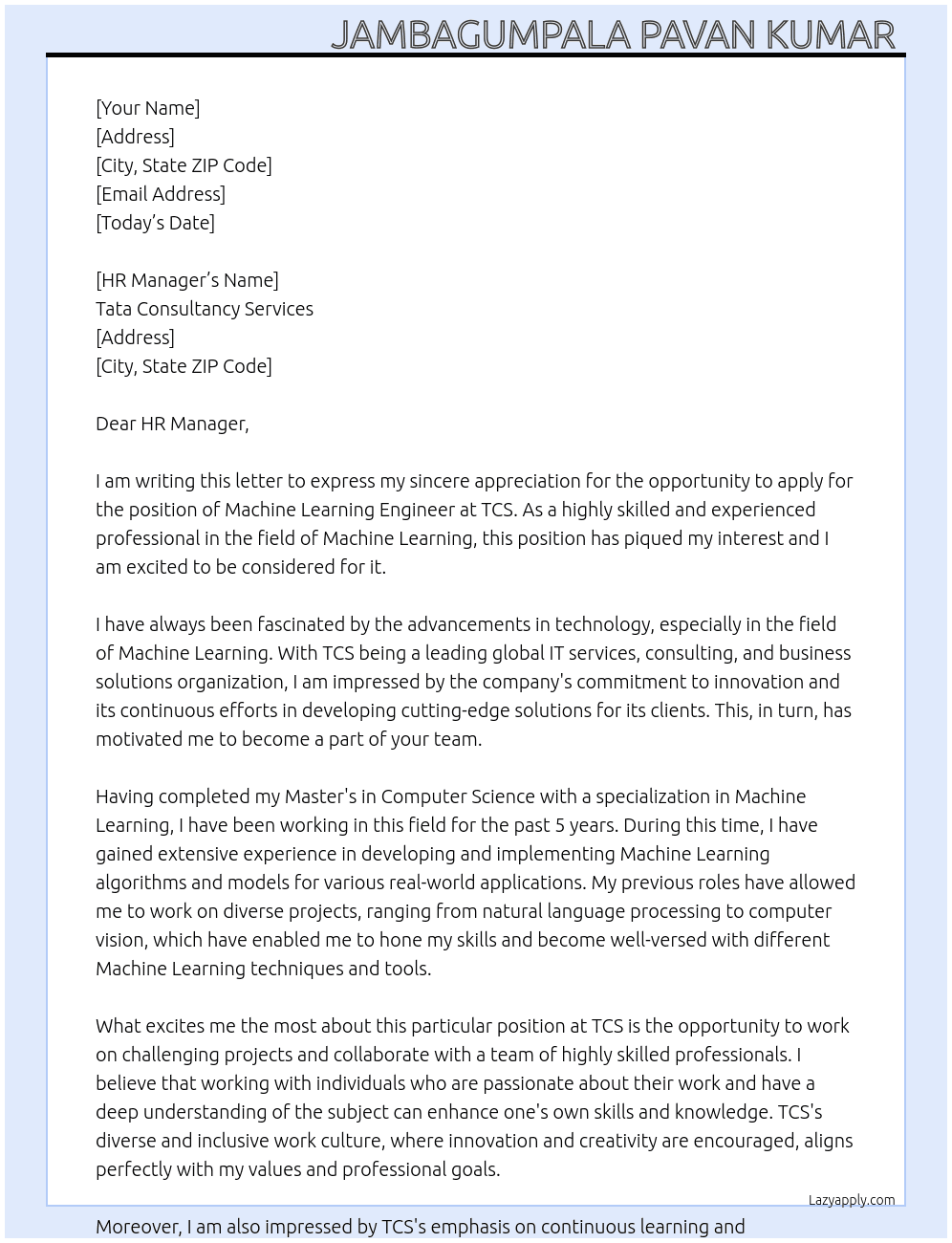 Machine learning engineer At TCS Cover Letter