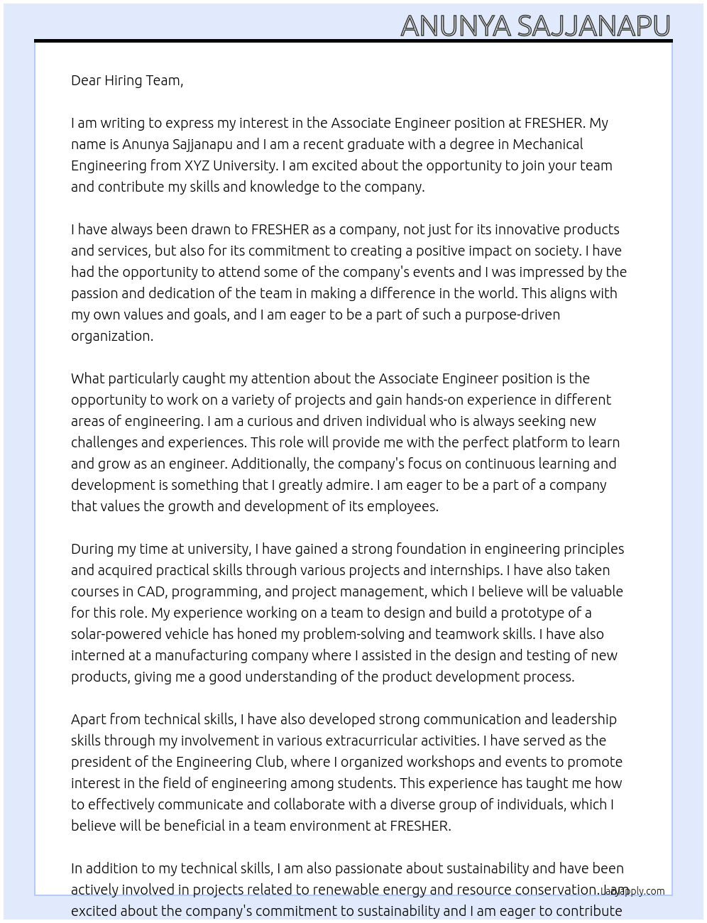 Associate Engineer At FRESHER Cover Letter