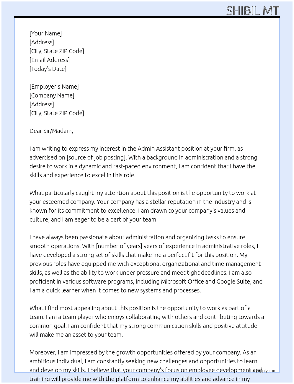 Admin assistant  At At your firm Cover Letter